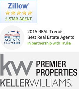 Logos of Zillow 5 star agent 2015 Real Trends award and Keller Williams